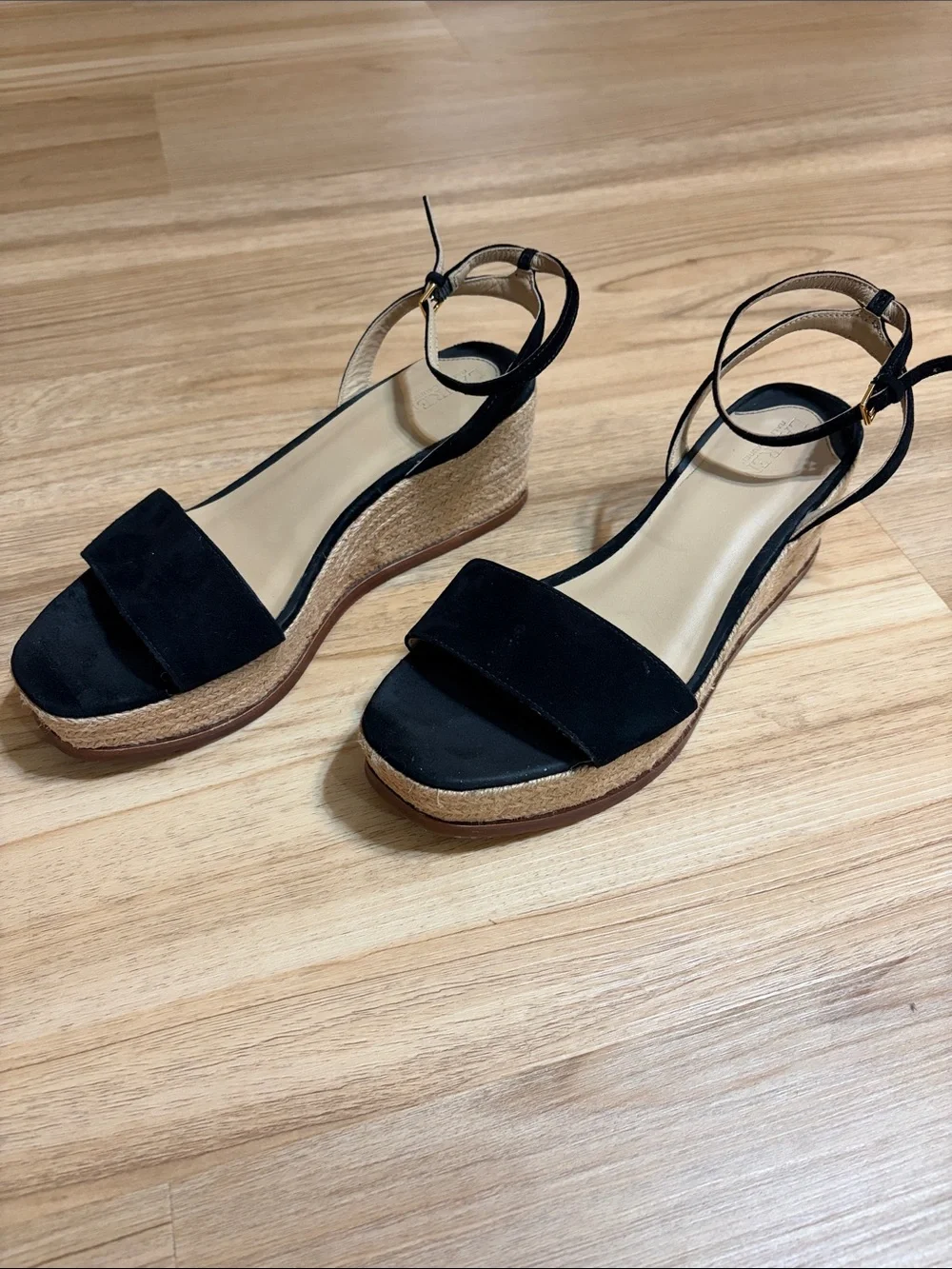 Lauren Ralph Lauren Leona Black Leather Espadrille Wedge Sandals Size 9